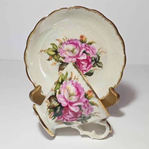 Norcrest Teacup and Saucer Pink Flowers Opalescent Vintage - Picture 9 of 9